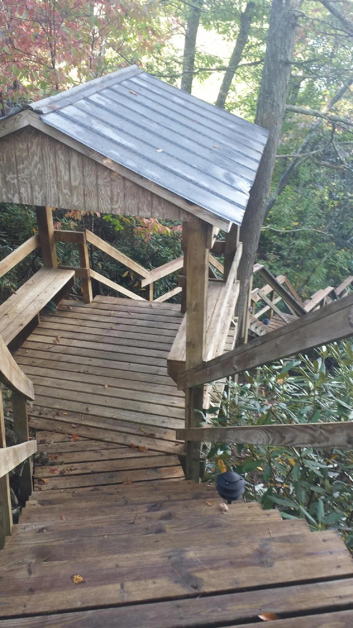 Metal roofed shelter over wooden steps on a wooded walkway — Skylight Repair & Installation work by our crew in Adger